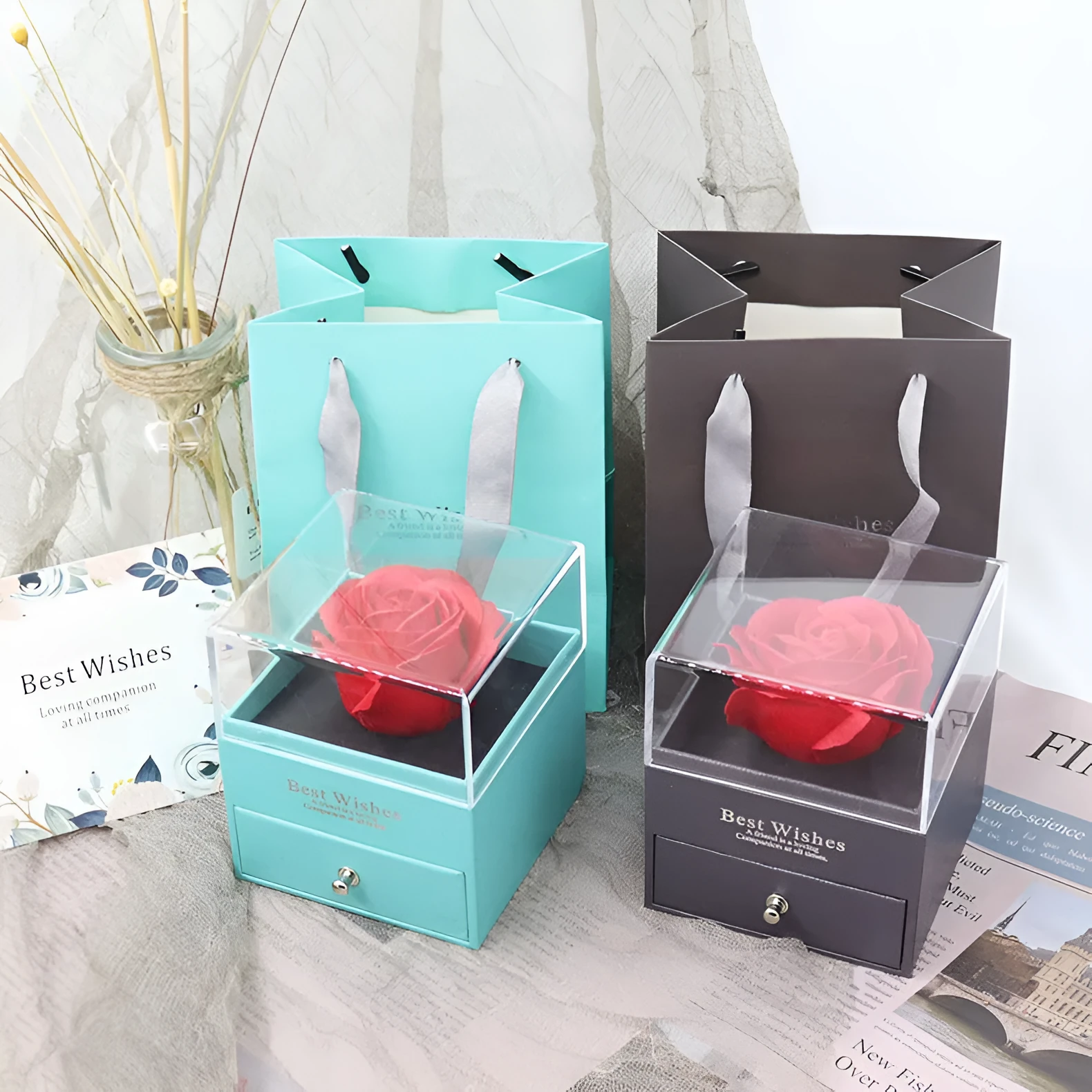 Acrylic jewellery gift box with removable flannel insert, shown in multiple colour options.