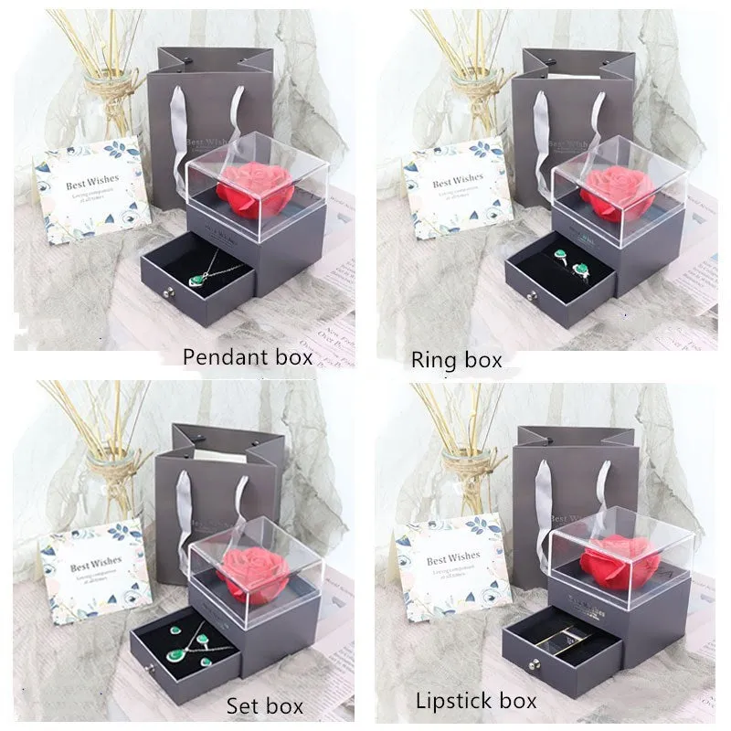 Acrylic jewellery gift box with removable flannel insert, shown in multiple colour options.