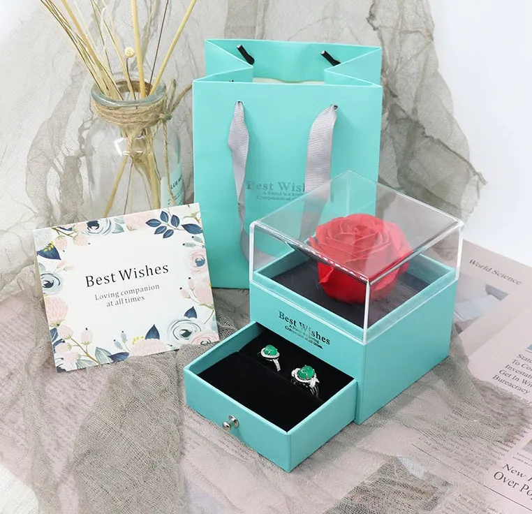 Acrylic jewellery gift box with removable flannel insert, shown in multiple colour options.