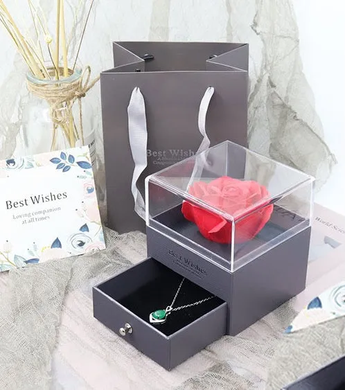 Acrylic jewellery gift box with removable flannel insert, shown in multiple colour options.
