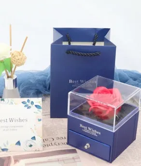 Acrylic jewellery gift box with removable flannel insert, shown in multiple colour options.