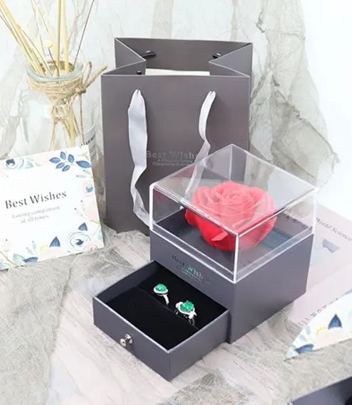 Acrylic jewellery gift box with removable flannel insert, shown in multiple colour options.