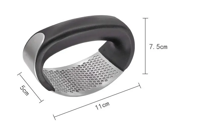 Silver 304 stainless steel garlic press with ergonomic ABS handle on a kitchen counter