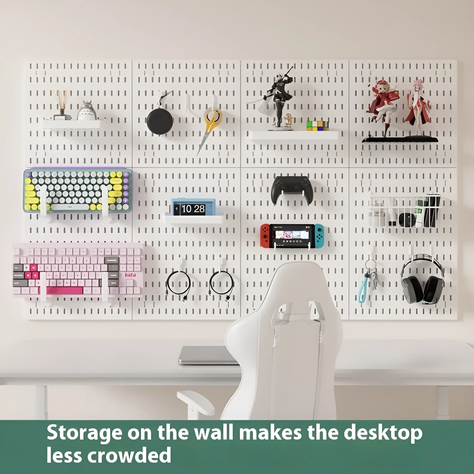 White punch-free plastic cable organisation board mounted on a wall with wires neatly wrapped.