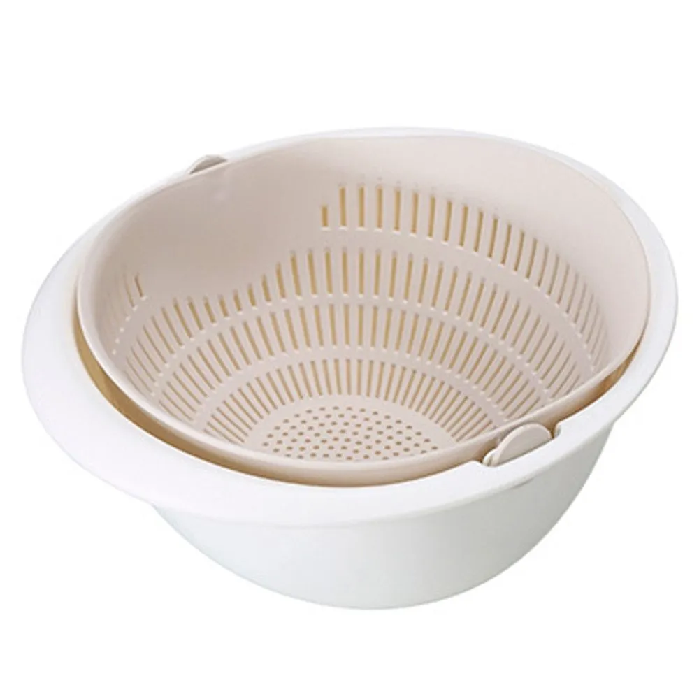Portable double-layer hollow fruit and vegetable cleaning drain basket in Beige, 23 cm square PP plastic