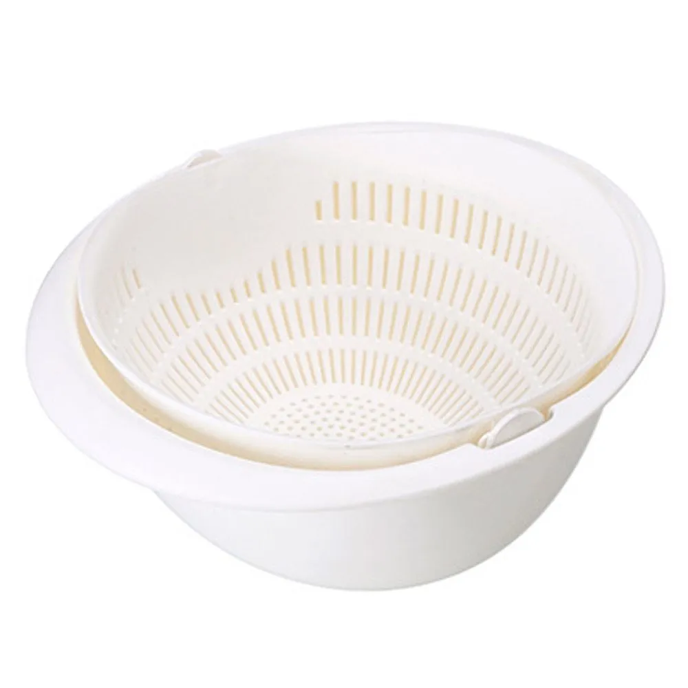 Portable double-layer hollow fruit and vegetable cleaning drain basket in Beige, 23 cm square PP plastic