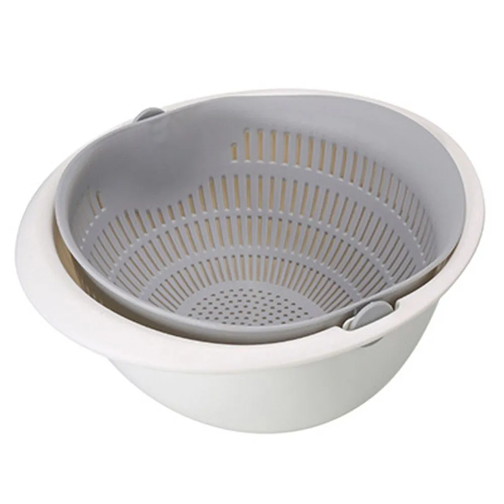 Portable double-layer hollow fruit and vegetable cleaning drain basket in Beige, 23 cm square PP plastic