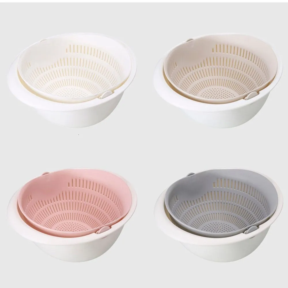 Portable double-layer hollow fruit and vegetable cleaning drain basket in Beige, 23 cm square PP plastic