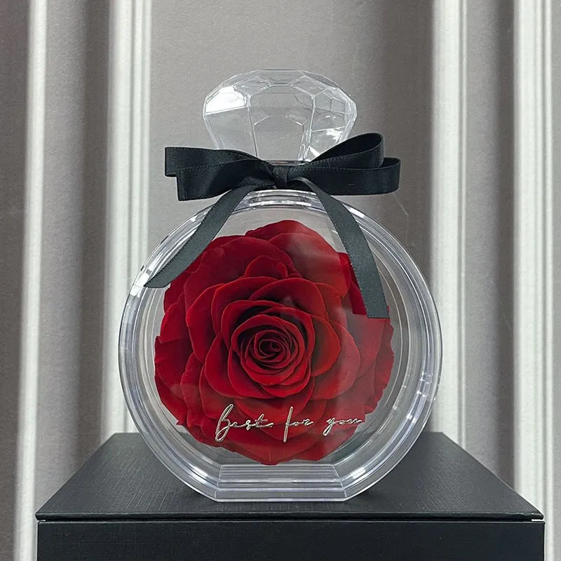 Dried flower gift box with transparent cover, natural eternal rose ornament, 10x6x14cm, available in multiple colours for home decor