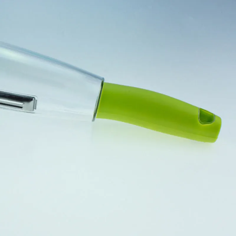 Multifunctional storage box peeler with transparent box and green handle, 21x8x8cm