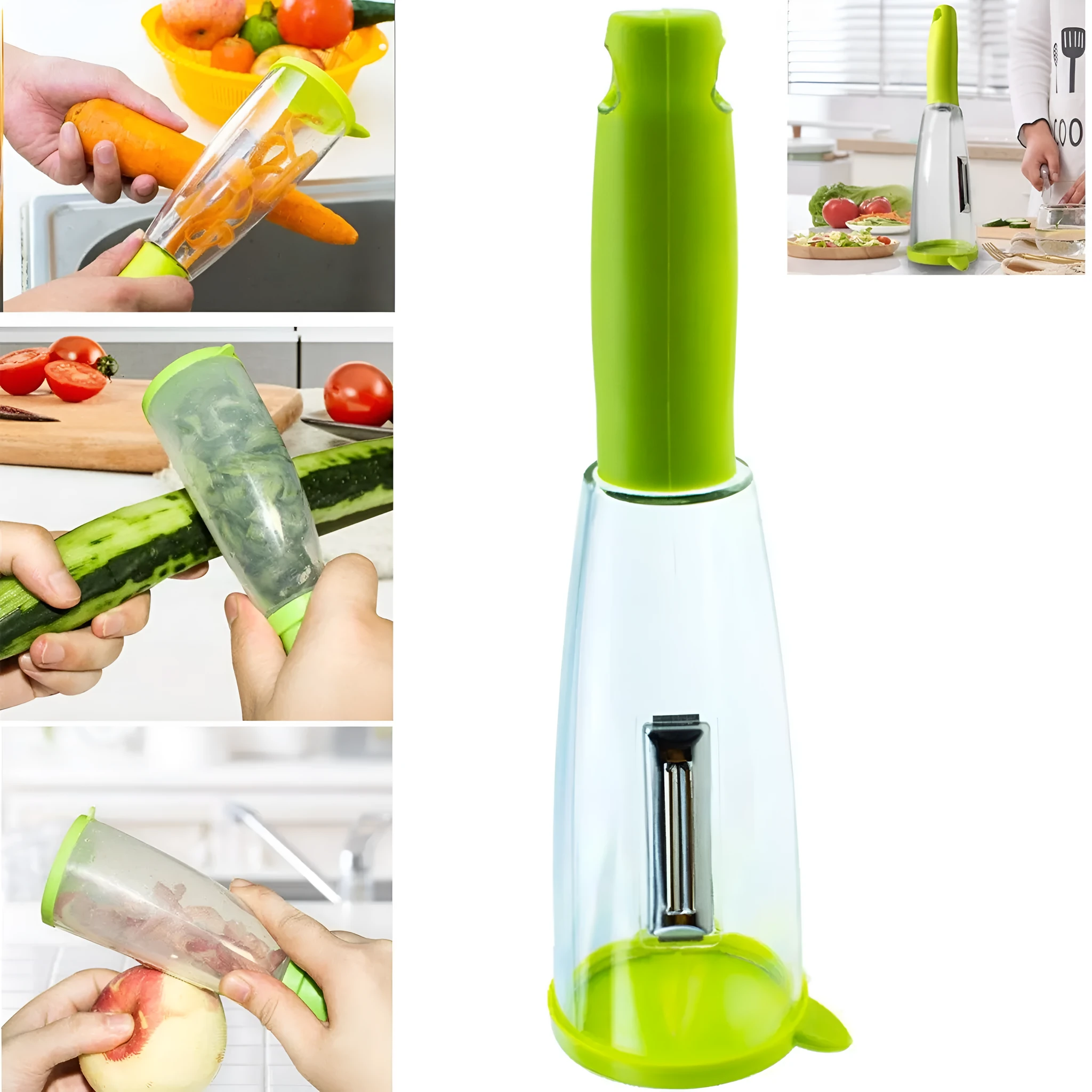 Multifunctional storage box peeler with transparent box and green handle, 21x8x8cm