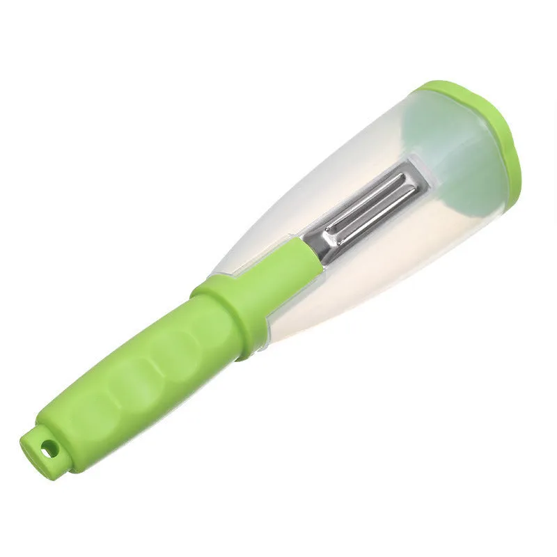 Multifunctional storage box peeler with transparent box and green handle, 21x8x8cm