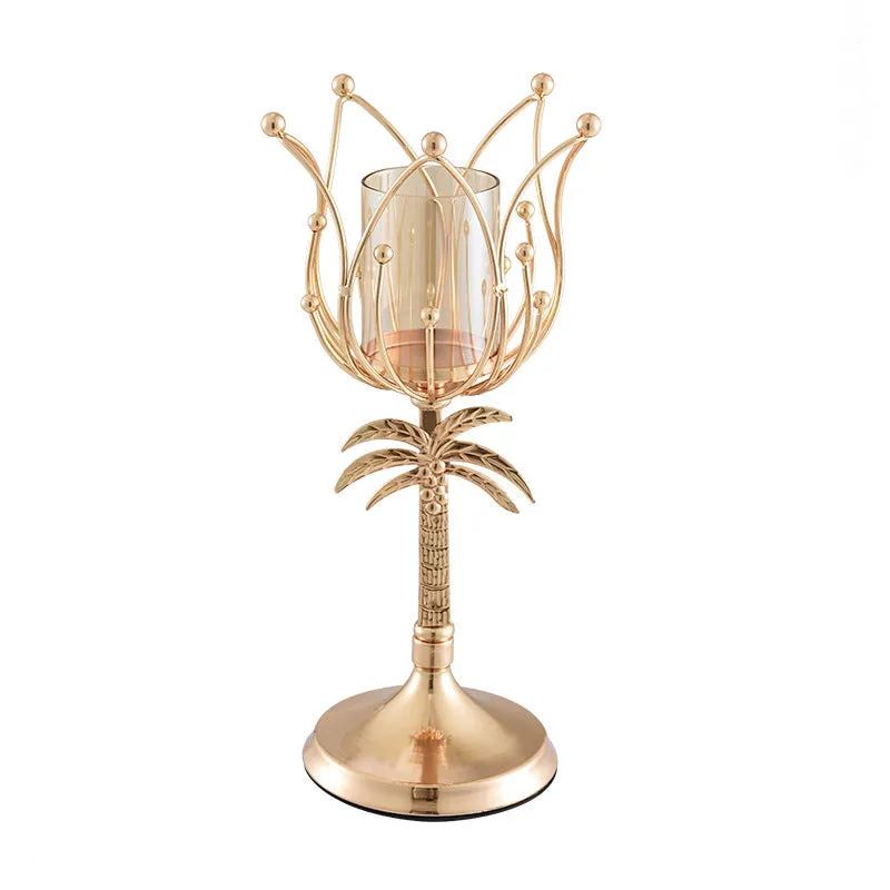 Gold iron candle holder S size 290mm on dining table as centrepiece for candle light dinner