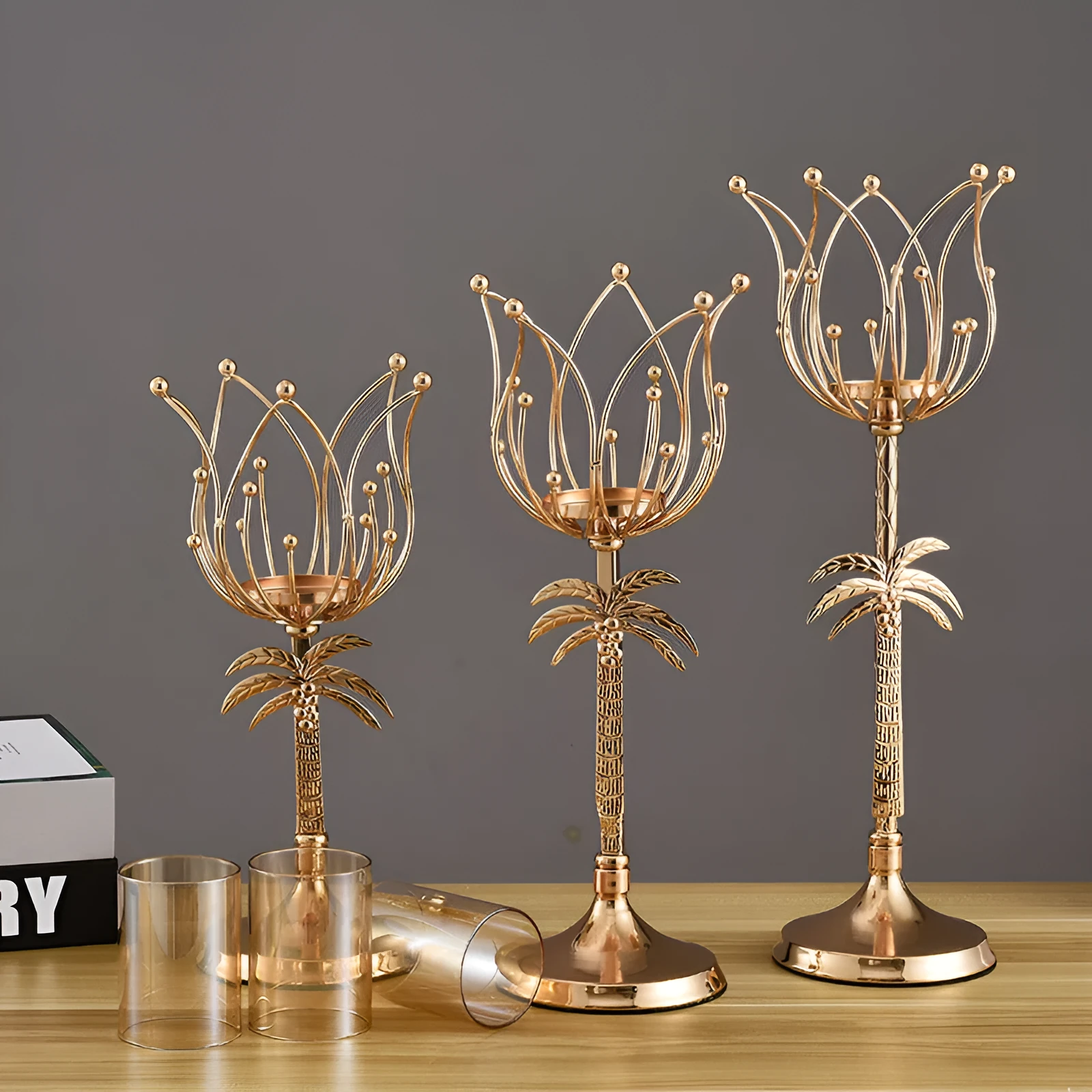 Gold iron candle holder S size 290mm on dining table as centrepiece for candle light dinner