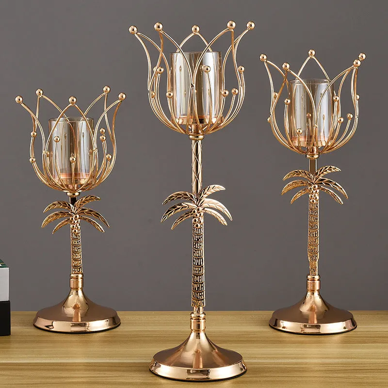 Gold iron candle holder S size 290mm on dining table as centrepiece for candle light dinner