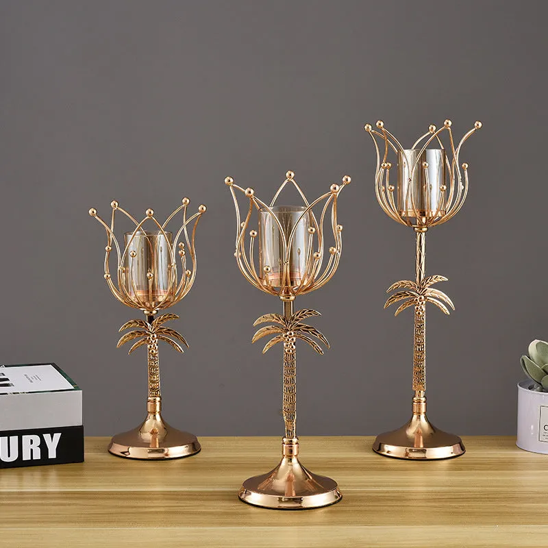 Gold iron candle holder S size 290mm on dining table as centrepiece for candle light dinner