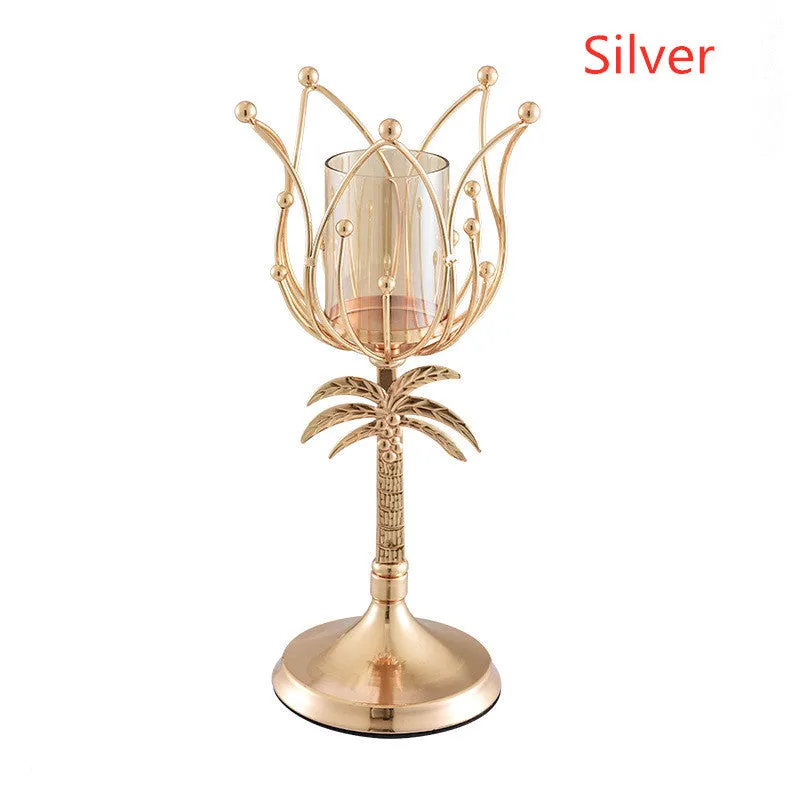 Gold iron candle holder S size 290mm on dining table as centrepiece for candle light dinner
