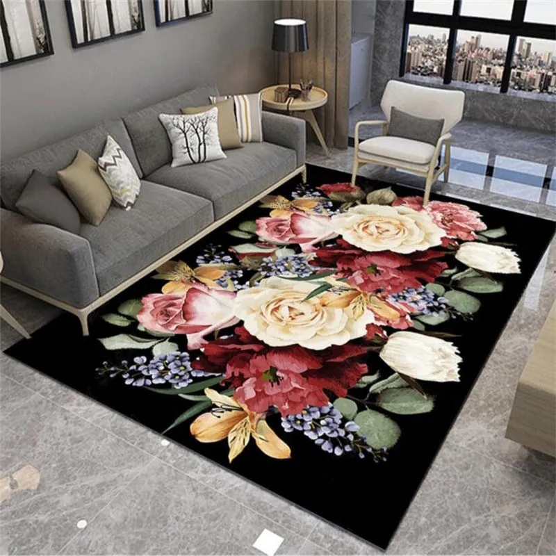 Black bedroom bedside carpet with anti-skid plastic point outsole and felt interior, available in multiple sizes