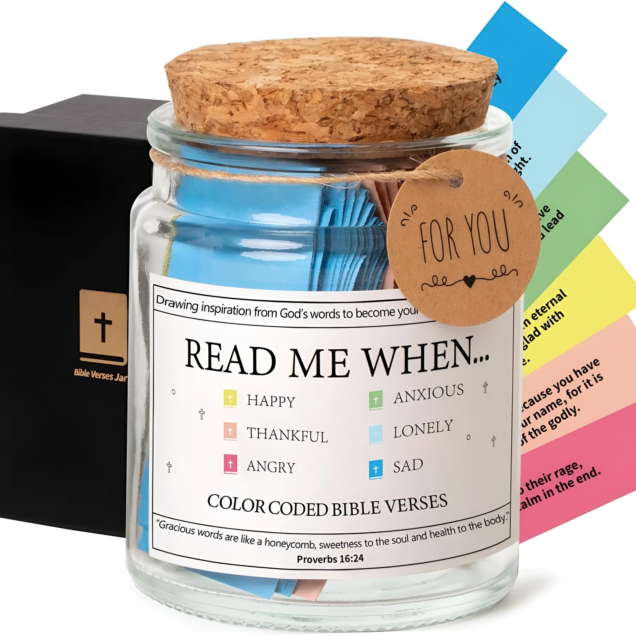 Glass Bible verses jar with cartoon style containing 90 scripture slips on a table
