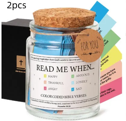 Glass Bible verses jar with cartoon style containing 90 scripture slips on a table