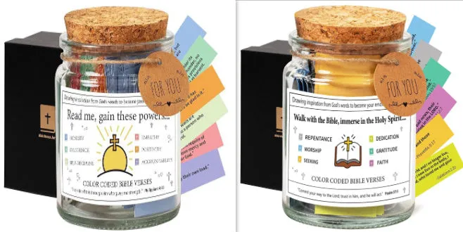 Glass Bible verses jar with cartoon style containing 90 scripture slips on a table