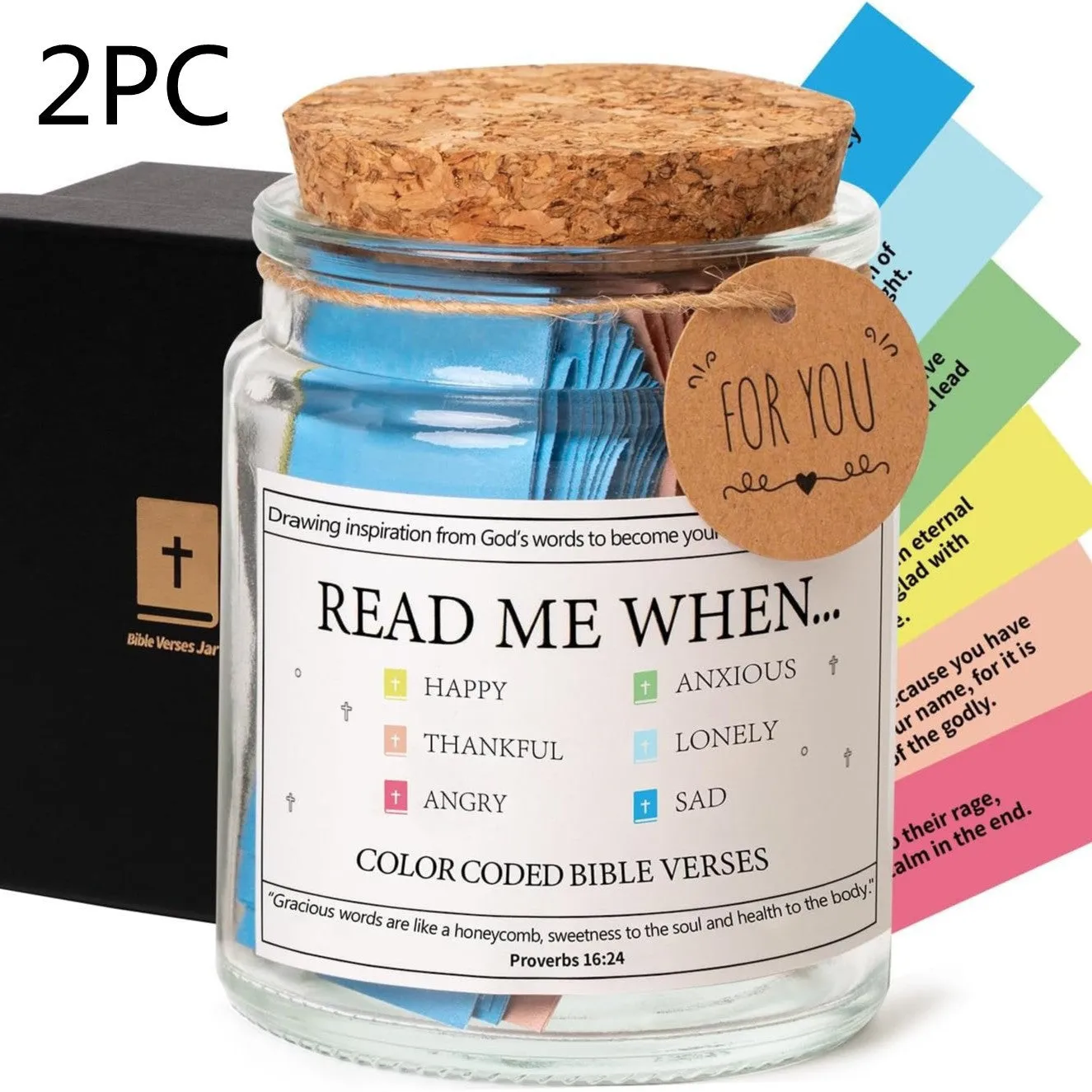 Glass Bible verses jar with cartoon style containing 90 scripture slips on a table
