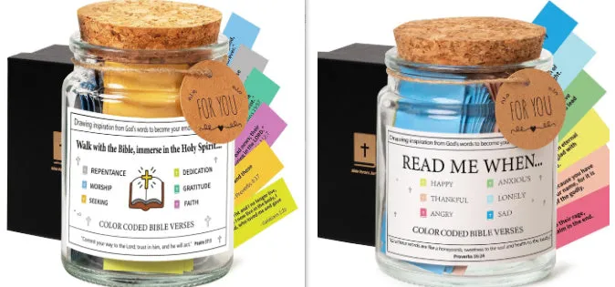 Glass Bible verses jar with cartoon style containing 90 scripture slips on a table