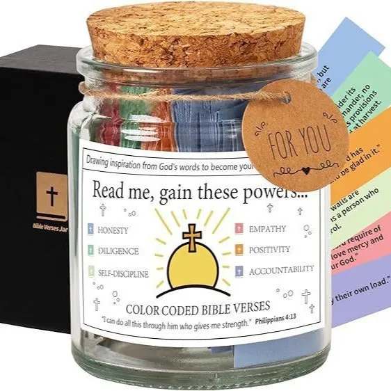 Glass Bible verses jar with cartoon style containing 90 scripture slips on a table