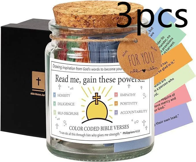 Glass Bible verses jar with cartoon style containing 90 scripture slips on a table