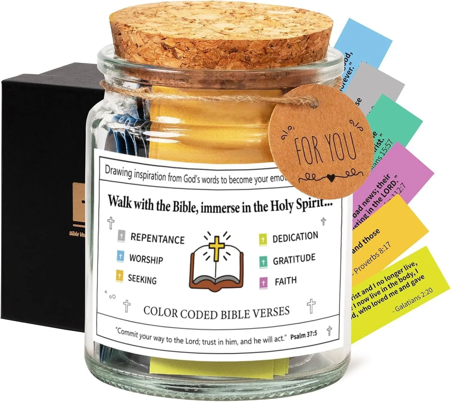 Glass Bible verses jar with cartoon style containing 90 scripture slips on a table