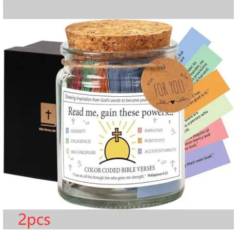 Glass Bible verses jar with cartoon style containing 90 scripture slips on a table