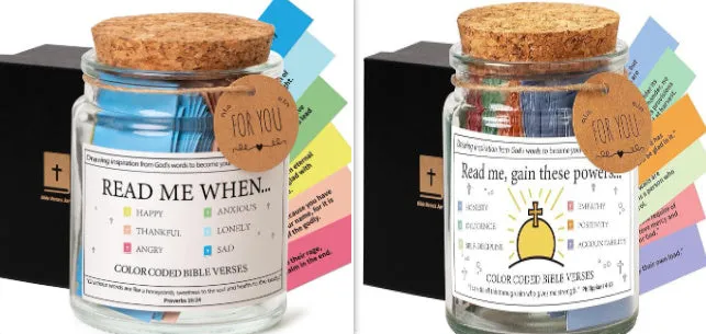 Glass Bible verses jar with cartoon style containing 90 scripture slips on a table