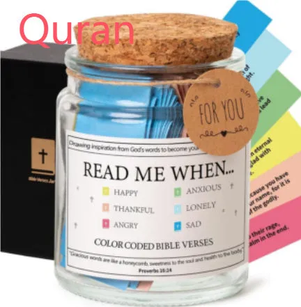 Glass Bible verses jar with cartoon style containing 90 scripture slips on a table