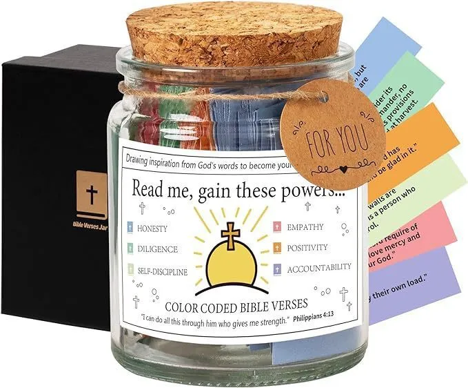 Glass Bible verses jar with cartoon style containing 90 scripture slips on a table