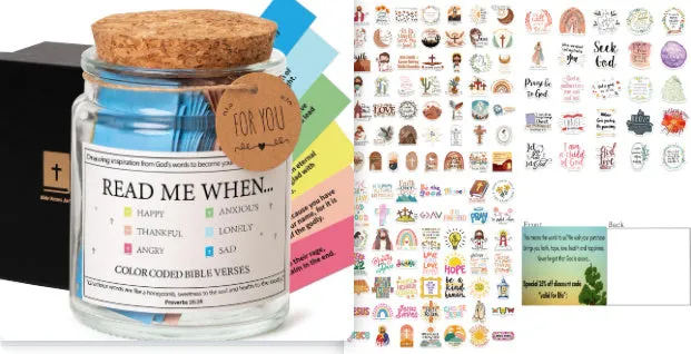 Glass Bible verses jar with cartoon style containing 90 scripture slips on a table