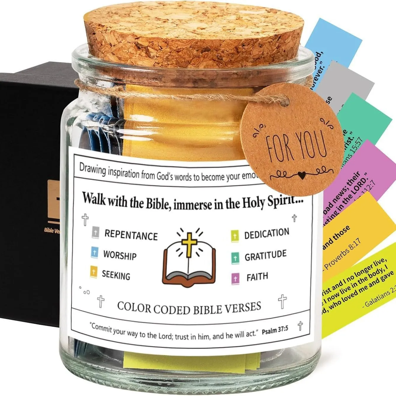 Glass Bible verses jar with cartoon style containing 90 scripture slips on a table