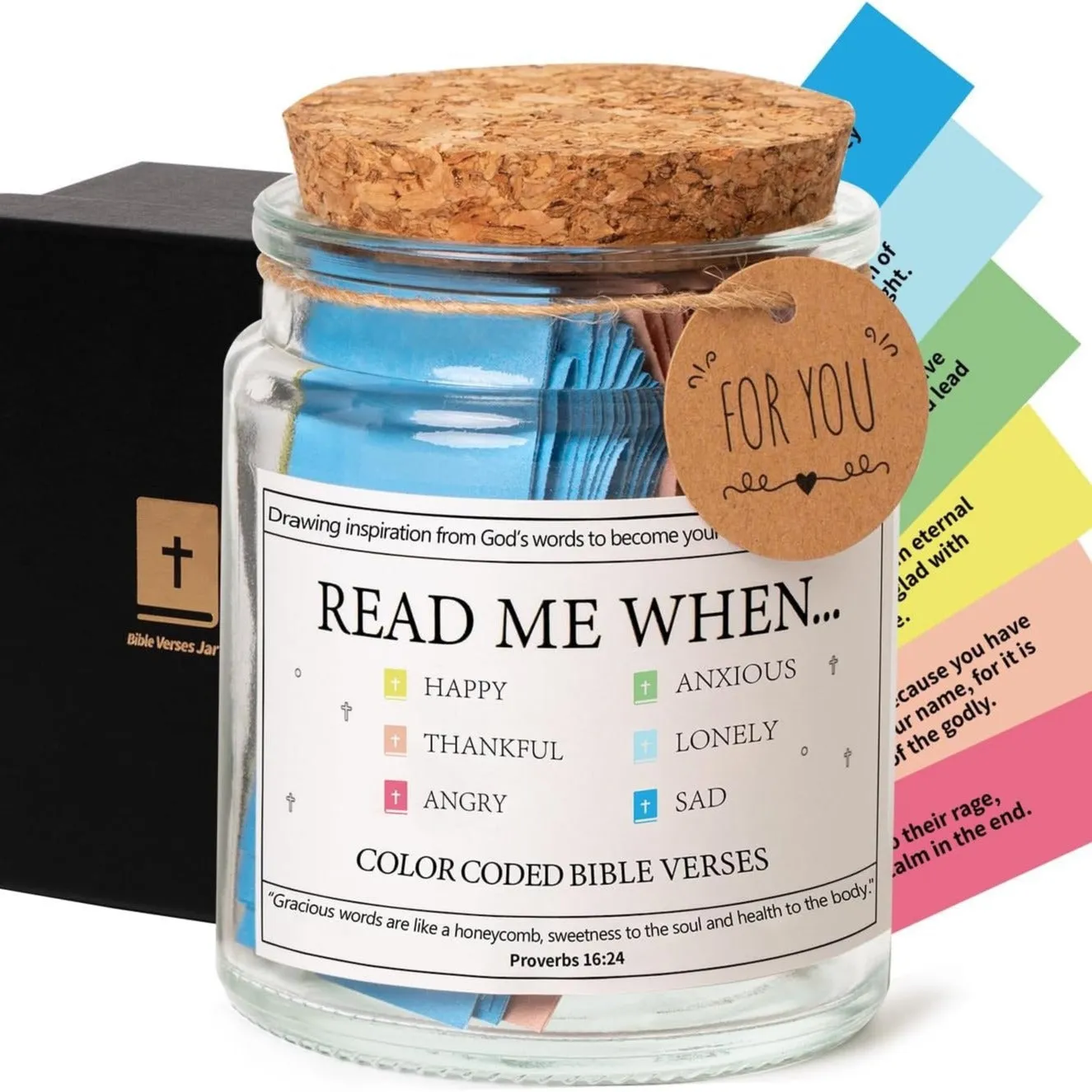 Glass Bible verses jar with cartoon style containing 90 scripture slips on a table