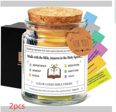 Glass Bible verses jar with cartoon style containing 90 scripture slips on a table