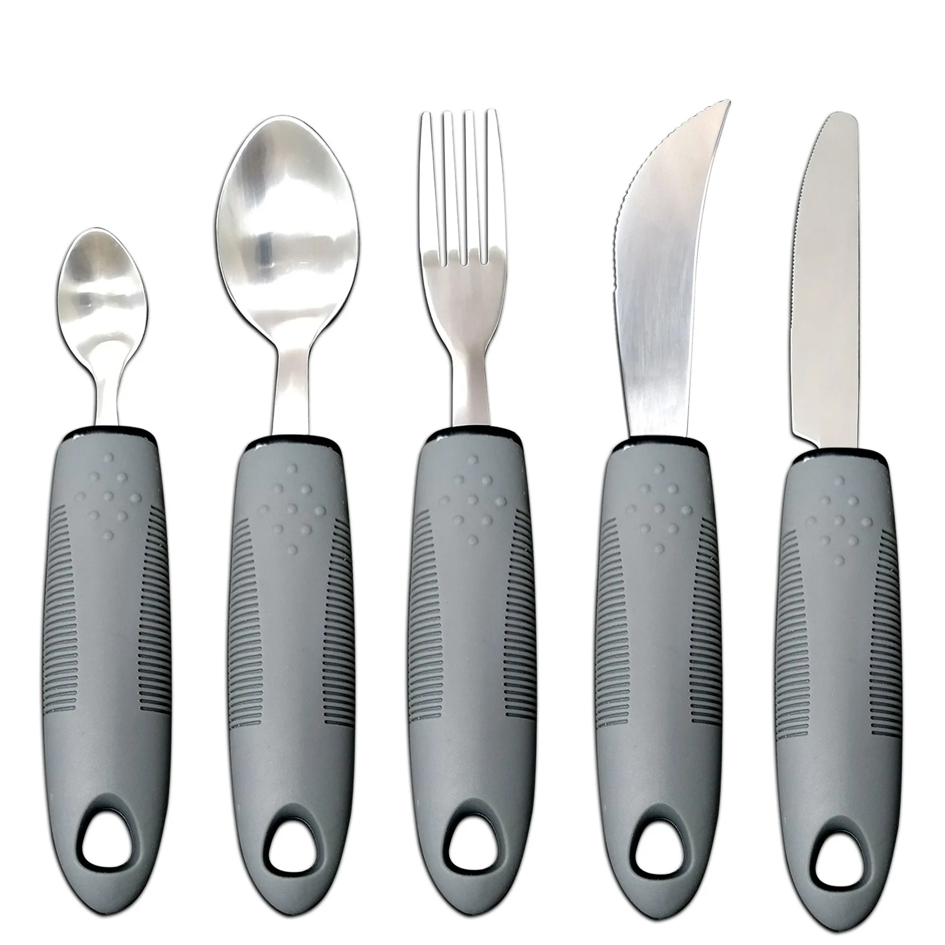 Stainless steel adaptive cutlery set with black rubber handles, showing knife, fork, and spoon.