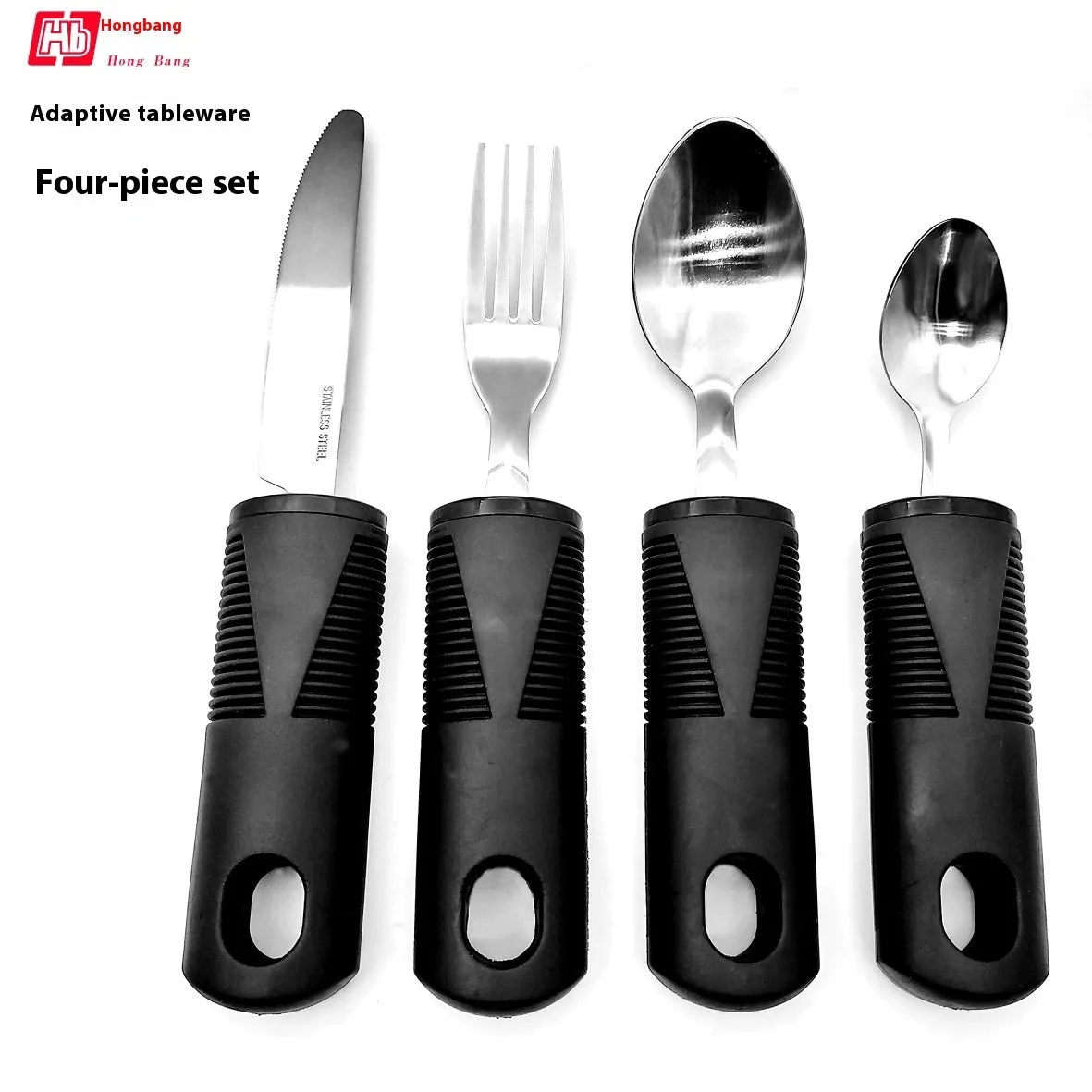 Stainless steel adaptive cutlery set with black rubber handles, showing knife, fork, and spoon.