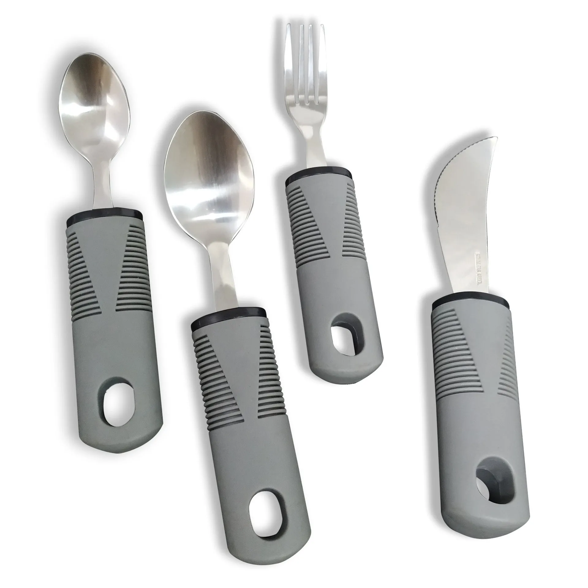 Stainless steel adaptive cutlery set with black rubber handles, showing knife, fork, and spoon.