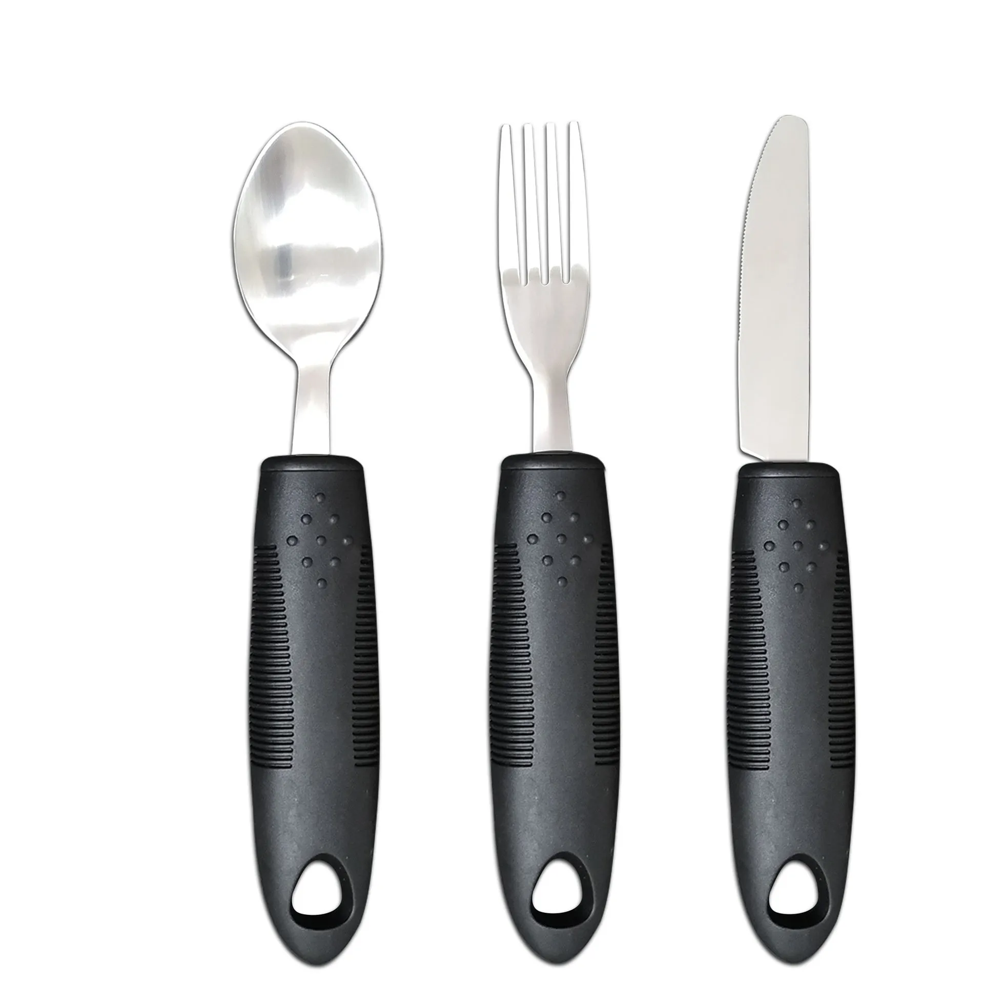 Stainless steel adaptive cutlery set with black rubber handles, showing knife, fork, and spoon.