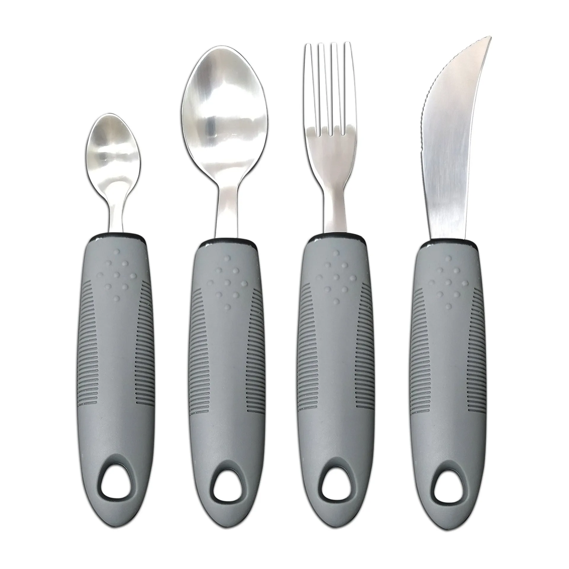 Stainless steel adaptive cutlery set with black rubber handles, showing knife, fork, and spoon.