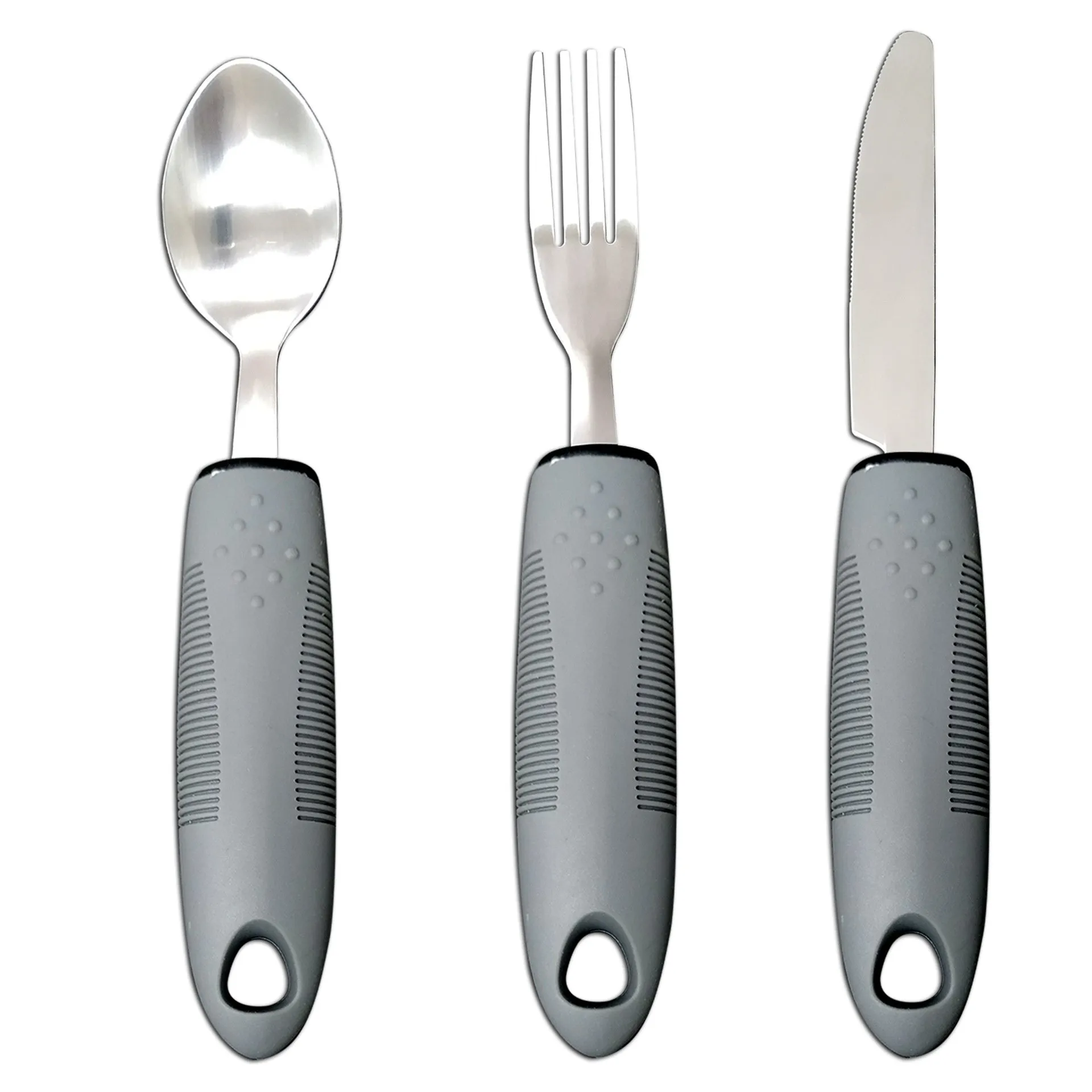 Stainless steel adaptive cutlery set with black rubber handles, showing knife, fork, and spoon.