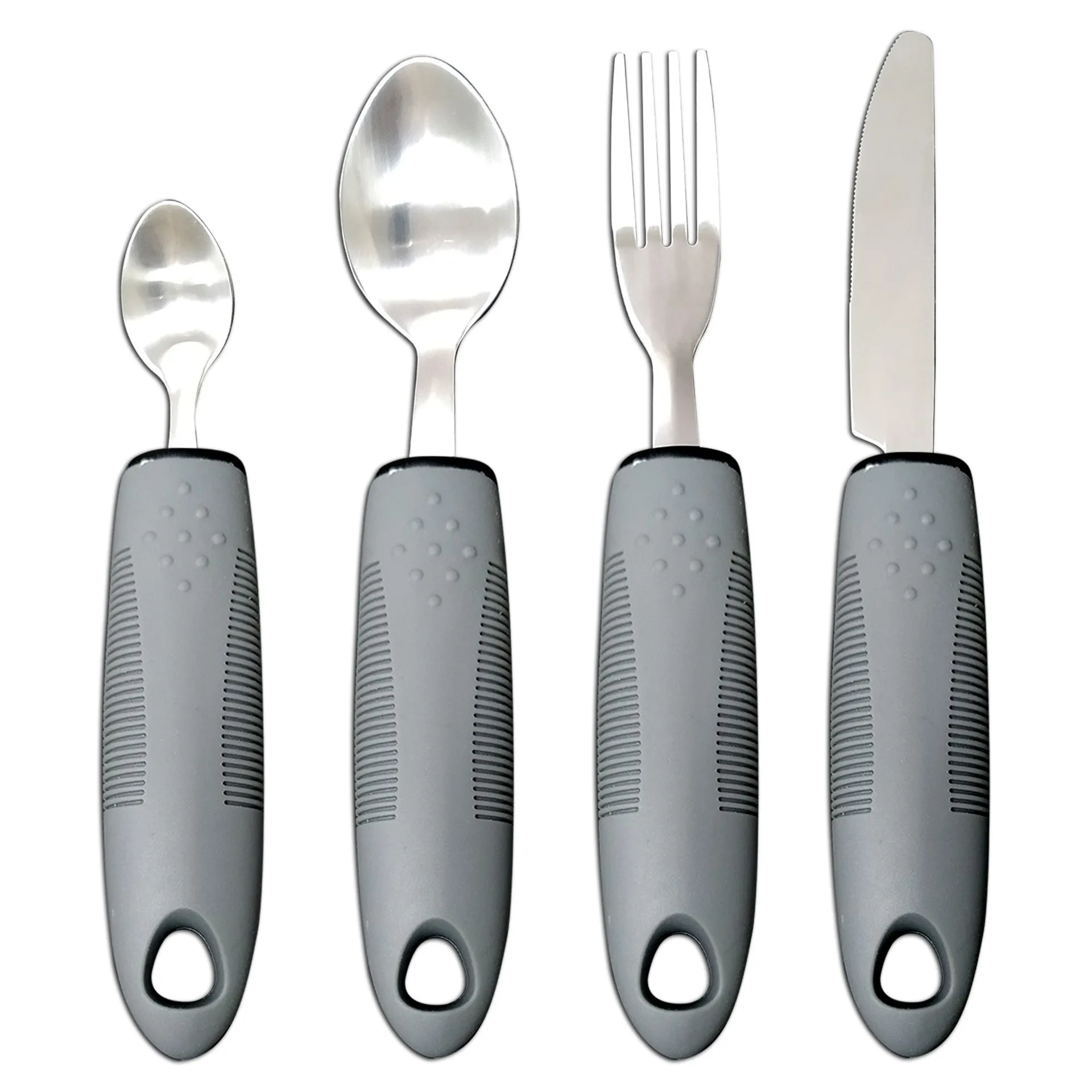 Stainless steel adaptive cutlery set with black rubber handles, showing knife, fork, and spoon.