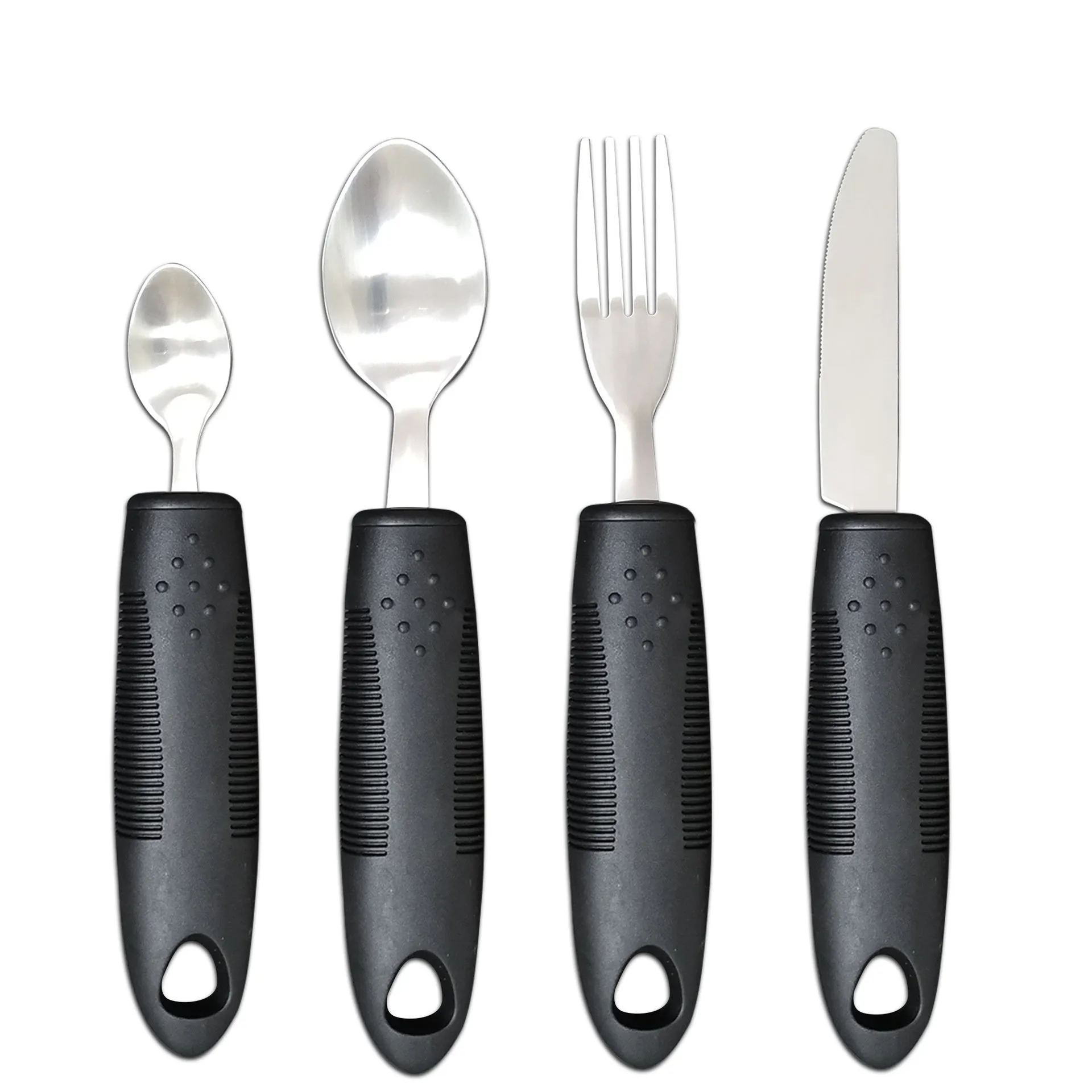 Stainless steel adaptive cutlery set with black rubber handles, showing knife, fork, and spoon.