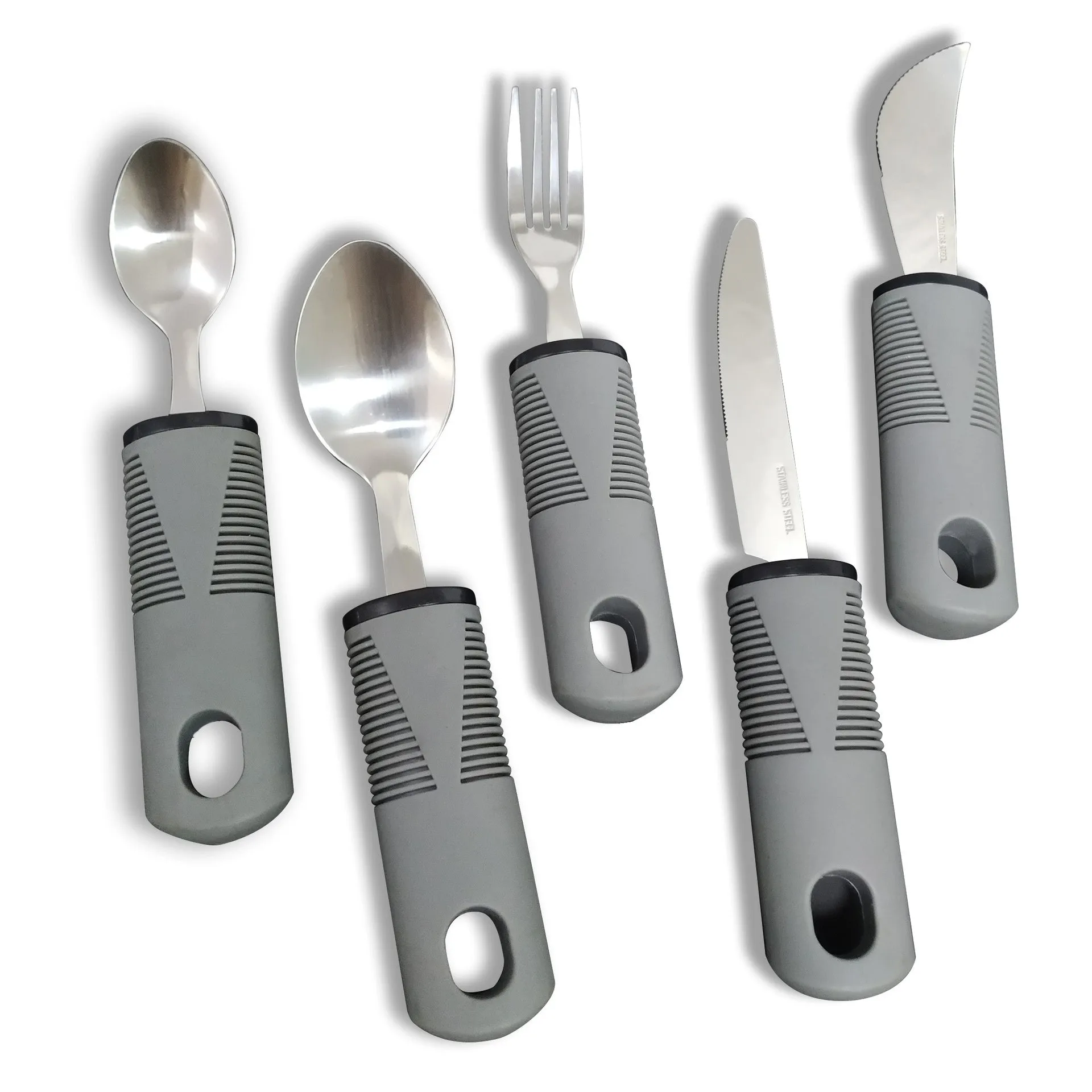 Stainless steel adaptive cutlery set with black rubber handles, showing knife, fork, and spoon.