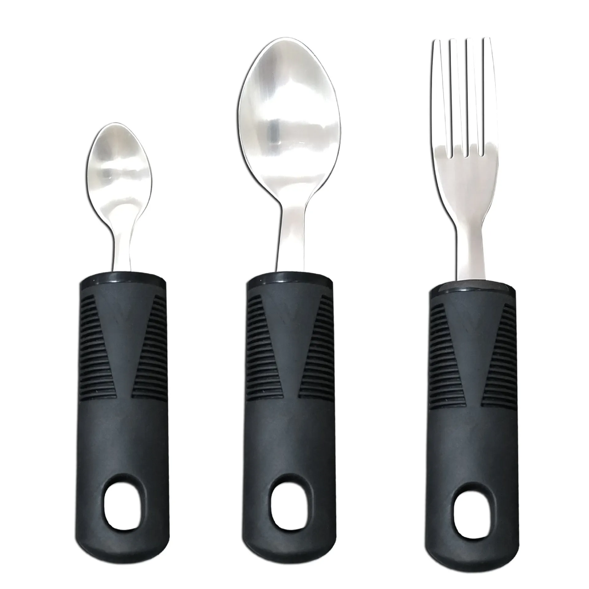 Stainless steel adaptive cutlery set with black rubber handles, showing knife, fork, and spoon.