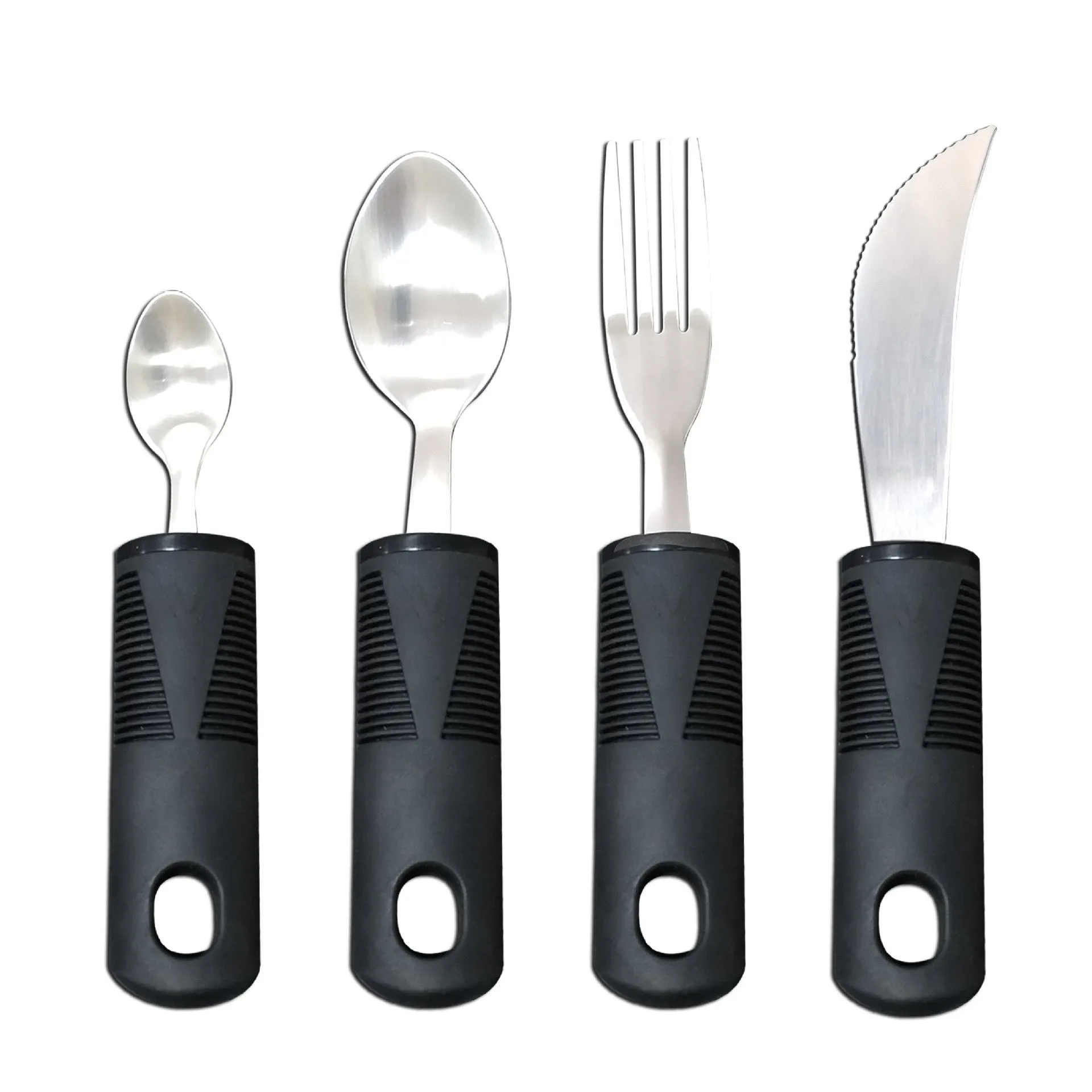 Stainless steel adaptive cutlery set with black rubber handles, showing knife, fork, and spoon.
