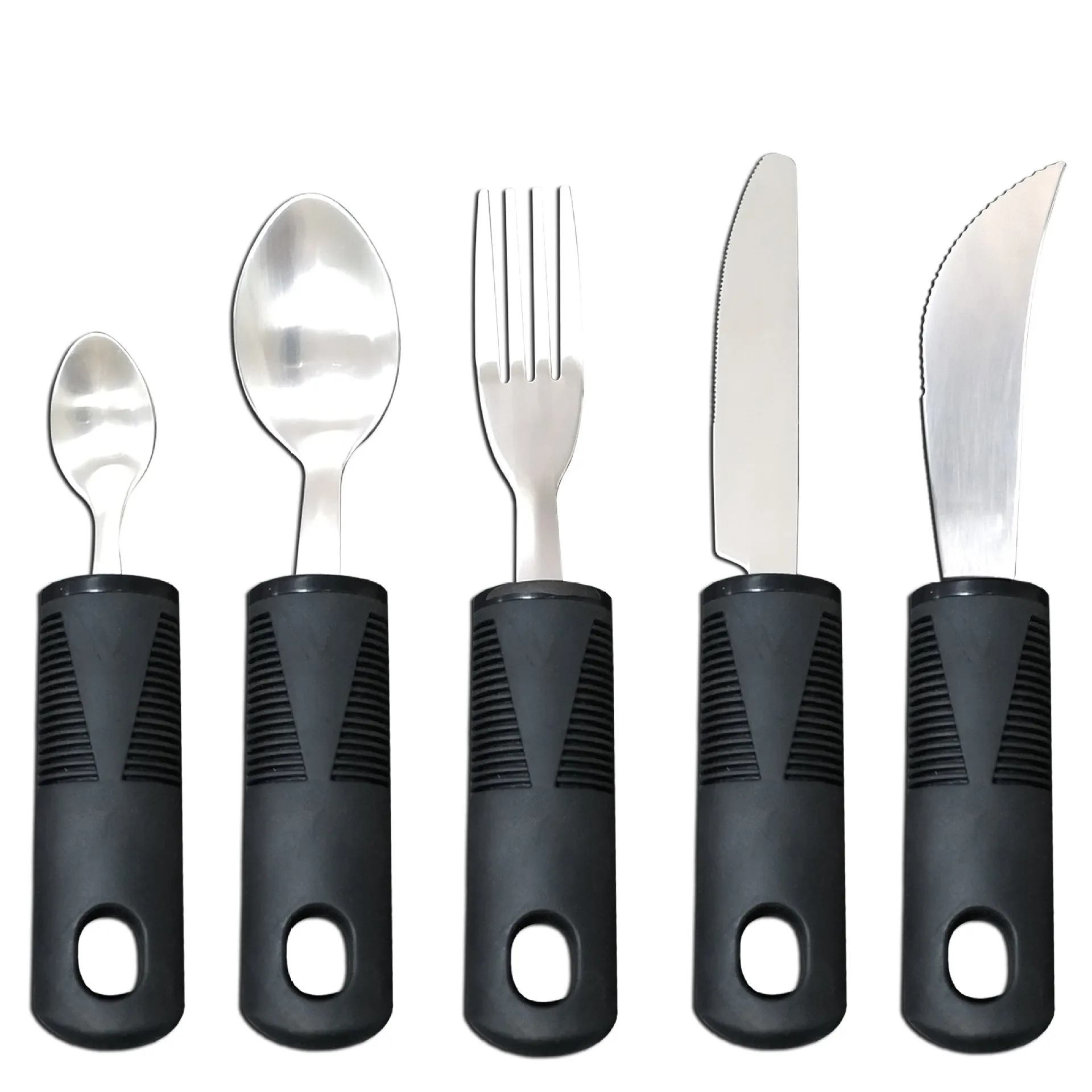 Stainless steel adaptive cutlery set with black rubber handles, showing knife, fork, and spoon.